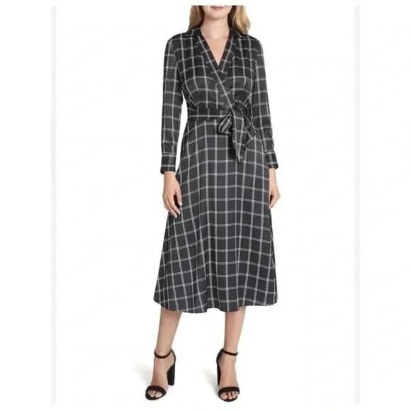 Tahari ASL Women's Long Sleeve Surplus Windowpane Tie Waist Shirt Dress - Picture 1 of 7